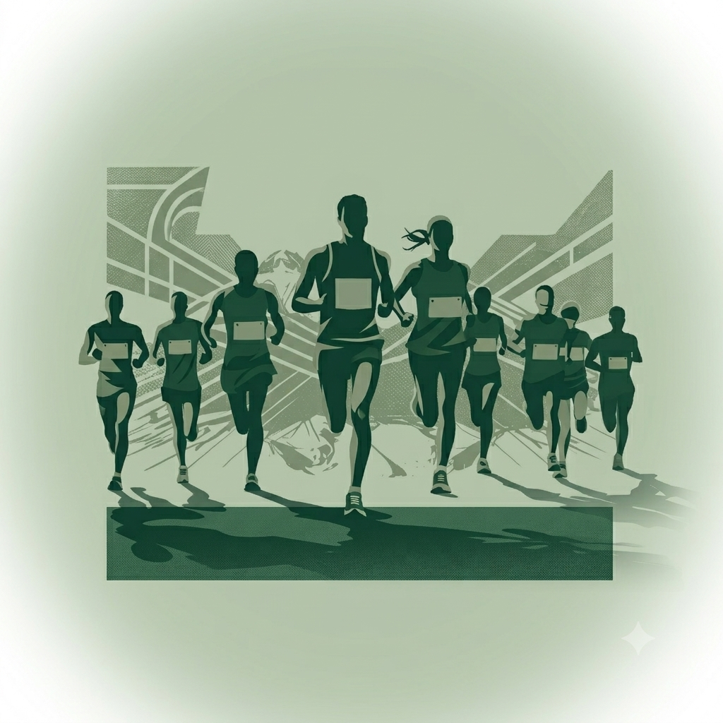 Green vector graphic of a group of marathons runners running together in race bibs