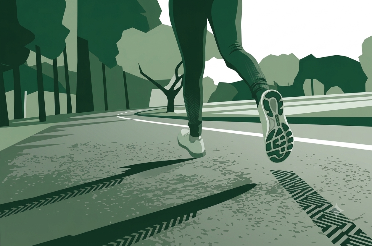 Green-toned illustration of a runner's feet mid-stride on a park pathway