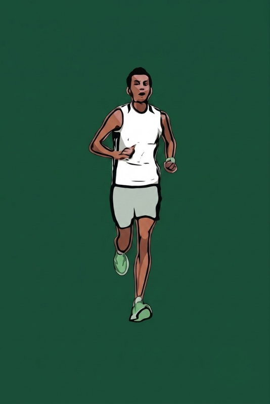 Illustration of Coach Stef running in a white top and shorts running forward against a dark green background