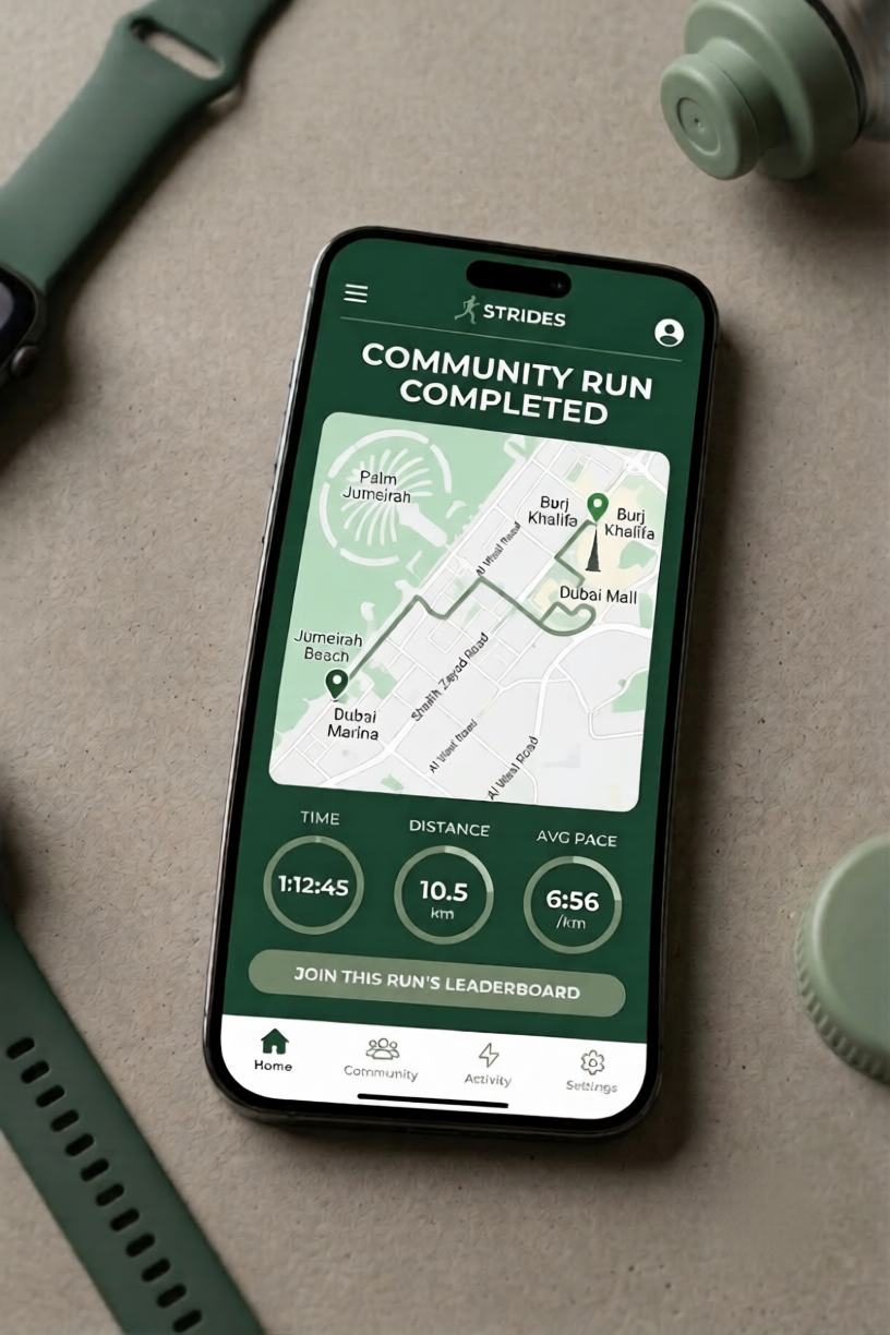 Smartphone displaying the Strides community run app with route map and workout stats next to a green watch band and water bottle